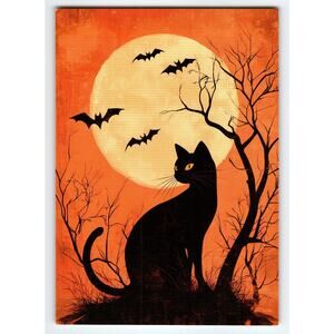 Vintage Halloween Postcard Black Cat & Bats Full Moon Lithograph